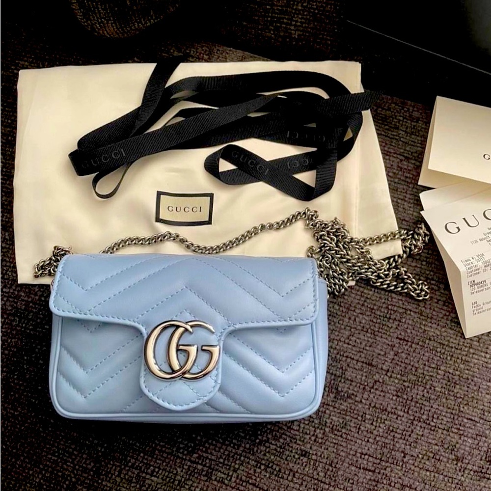 GUCCI CALFSKIN MATELASSE SUPER MINI GG MARMONT BLUE SHOULDER BAG PORCELAIN BLUE